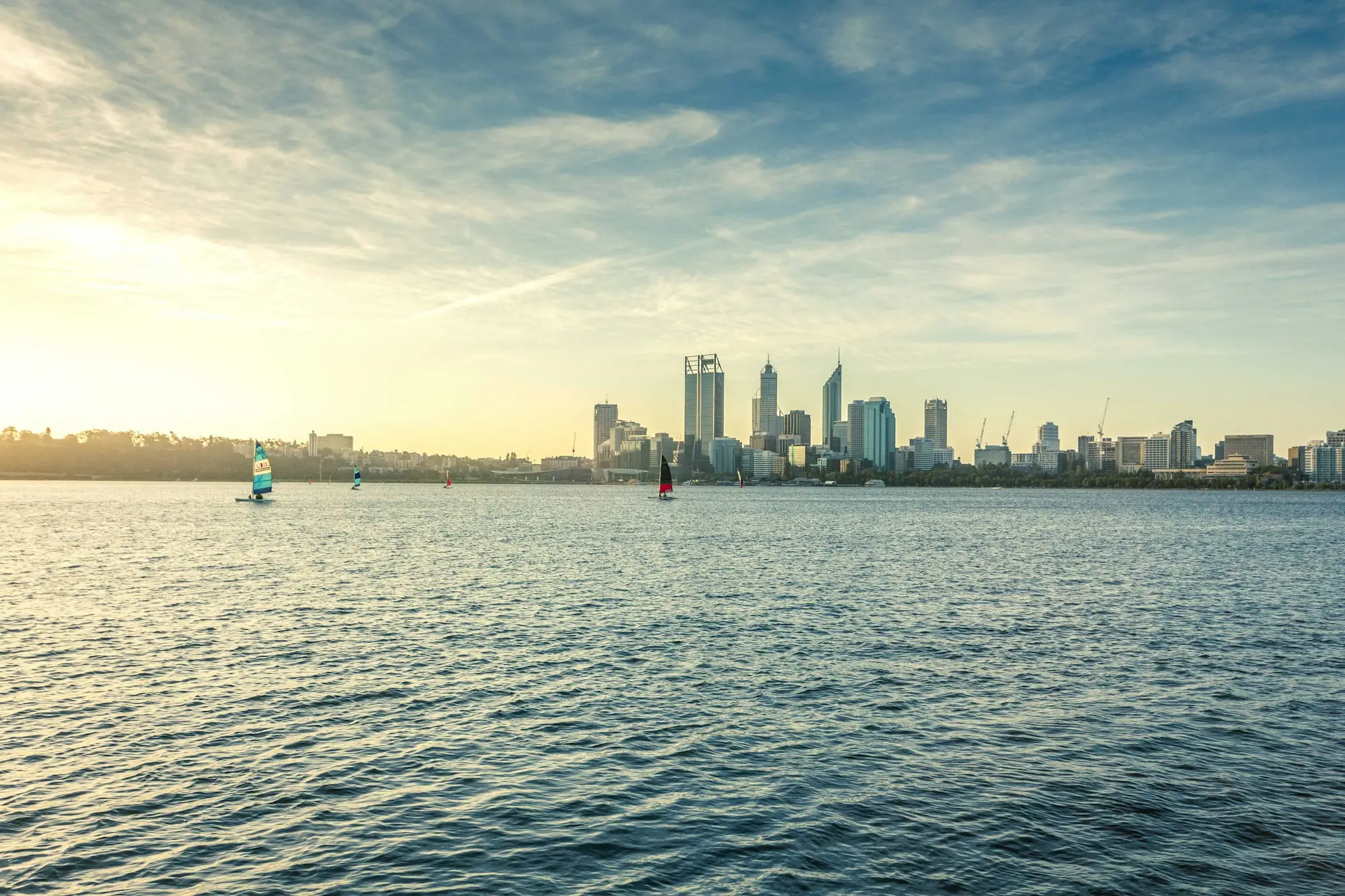Perth city skyline across the Swan River at sunset, commercial property settlement